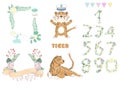 Tiger digital clip art cute animal and flowers for card, frame and ribbon posters, on white background for celebration