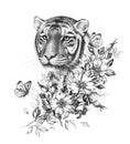 Tiger with Dog-Rose Flowers and Butterflies Royalty Free Stock Photo