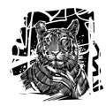 Tiger drawing rendered in black and white