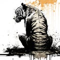 a tiger drawing using a brush and black ink on white background. Wildlife Animals. Illustration. Generative AI Royalty Free Stock Photo