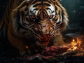 Ai Generated illustration Wildlife Concept of Tiger eating a piece of meat Royalty Free Stock Photo