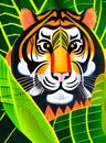 Tiger emerging form tropical rainforest leaves AI watercolor