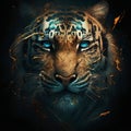 Tiger Face With Blue Eyes And Fire Flames. Abstract Background.