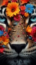 Tiger face close up in colorful flowers and flower petals