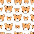 Tiger face hand drawn cartoon animal background seamless vector pattern in cartoon style for kids Used for printing, wallpaper,