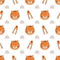 Tiger face pattern. Tiger head pattern. Cartoon cute tiger, wild cat paw background. Wild fabric design