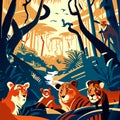 Tiger family in the jungle, vector illustration in flat style. generative AI Royalty Free Stock Photo