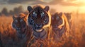 Tiger family in the savanna with setting sun shining. Royalty Free Stock Photo