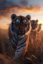 Tiger family in the savanna with setting sun shining. Royalty Free Stock Photo