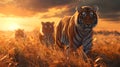 Tiger family in the savanna with setting sun shining. Royalty Free Stock Photo