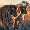 Tiger family in the savanna with setting sun shining. Royalty Free Stock Photo