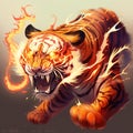 a tiger with a fire on its face running through the air with its mouth open and its mouth wide open Royalty Free Stock Photo