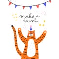 Tiger flat vector illustration with greeting typography