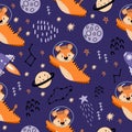 The tiger flies in space to the stars. Seamless pattern with planets, tigers, constellations