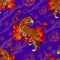 Tiger and flower and cloud design with Japanese or Chinese oriental traditional tattoo style seamless pattern Royalty Free Stock Photo