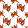 Tiger and flower and cloud design with Japanese or Chinese oriental traditional tattoo style seamless pattern Royalty Free Stock Photo