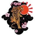 Tiger with flower and Japanese cloud tattoo design vector