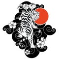 Tiger with flower and Japanese cloud tattoo design vector