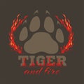 Tiger footprint and fire on dark background