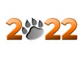 Tiger footprint with New Year numbers 2022. Happy New Year greeting card.