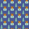 Tiger in gift box seamless pattern. Cool baby repeatable print. Christmas vector illustration on blue background. Royalty Free Stock Photo