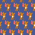 Tiger with gifts seamless pattern. Cool baby repeatable print. Christmas vector illustration on blue background. Royalty Free Stock Photo