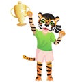 The tiger girl in sport uniform cheering with goblet is on the white background