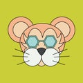 Tiger with glasses.Face isolated animal for decoration.Delicate colors. Children`s drawing