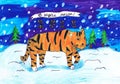 The tiger goes through the snow. 2022. Children`s drawing. Russian text - Happy tiger year