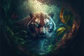 a tiger with green eyes is in the jungle by a stream of water and leaves, with a bright light shinin