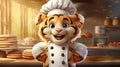 tiger happy baker with chef's hat and apron. ai generative