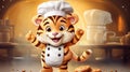 tiger happy baker with chef's hat and apron. ai generative