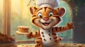 tiger happy baker with chef's hat and apron. ai generative