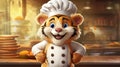 tiger happy baker with chef's hat and apron. ai generative