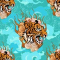 Tiger head with cloud illustration design from Chinese or Japanese tattoo style  seamless pattern Royalty Free Stock Photo