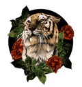 Tiger head composition of flowers and plants surrounded by rose bushes