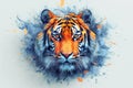 Tiger head drawn with blue and orange paint with strokes on white background front view.