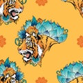 Tiger head with flower oriental Chinese illustration doodle coloring for digital printing seamless pattern