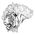 Tiger Head with Flower oriental chinses illustration doodle tattoo  style Royalty Free Stock Photo