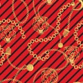Tiger head and gold chains striped red pattern fashion wild vector design.