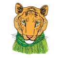 Tiger head in a knitted sweater and a green scarf. Sketch drawing. Black contour on a white background. Vector Royalty Free Stock Photo