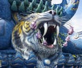 Tiger head with open mouth. Blue Temple