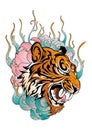 Tiger head in roar with lotus flower decorate with cloud or smoke design with oriental Japanese color tattoo style vector