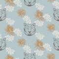 Tiger head seamless vector pattern. Silhouette wild cat animal blue background for print