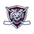 Unique and amazing TIGER head cartoon with shield for hockey team logo vector template