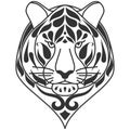 Tiger head. Tribal silhouette ethnic animals. Patterned face of tiger with ornamented black stripes. African, indian design. For