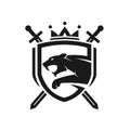 Tiger head with two crossed swords,shield with crown logo Royalty Free Stock Photo