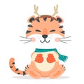 Tiger in headband with deer horns and mittens