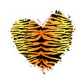 Tiger Heart Shape Print. Wild animal skin pattern texture, orange hand drawn brush stroke striped heart. Vector design Royalty Free Stock Photo