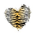 Tiger Heart Shape Print. Wild animal skin pattern texture, yellow hand drawn brush stroke striped heart. Vector design Royalty Free Stock Photo